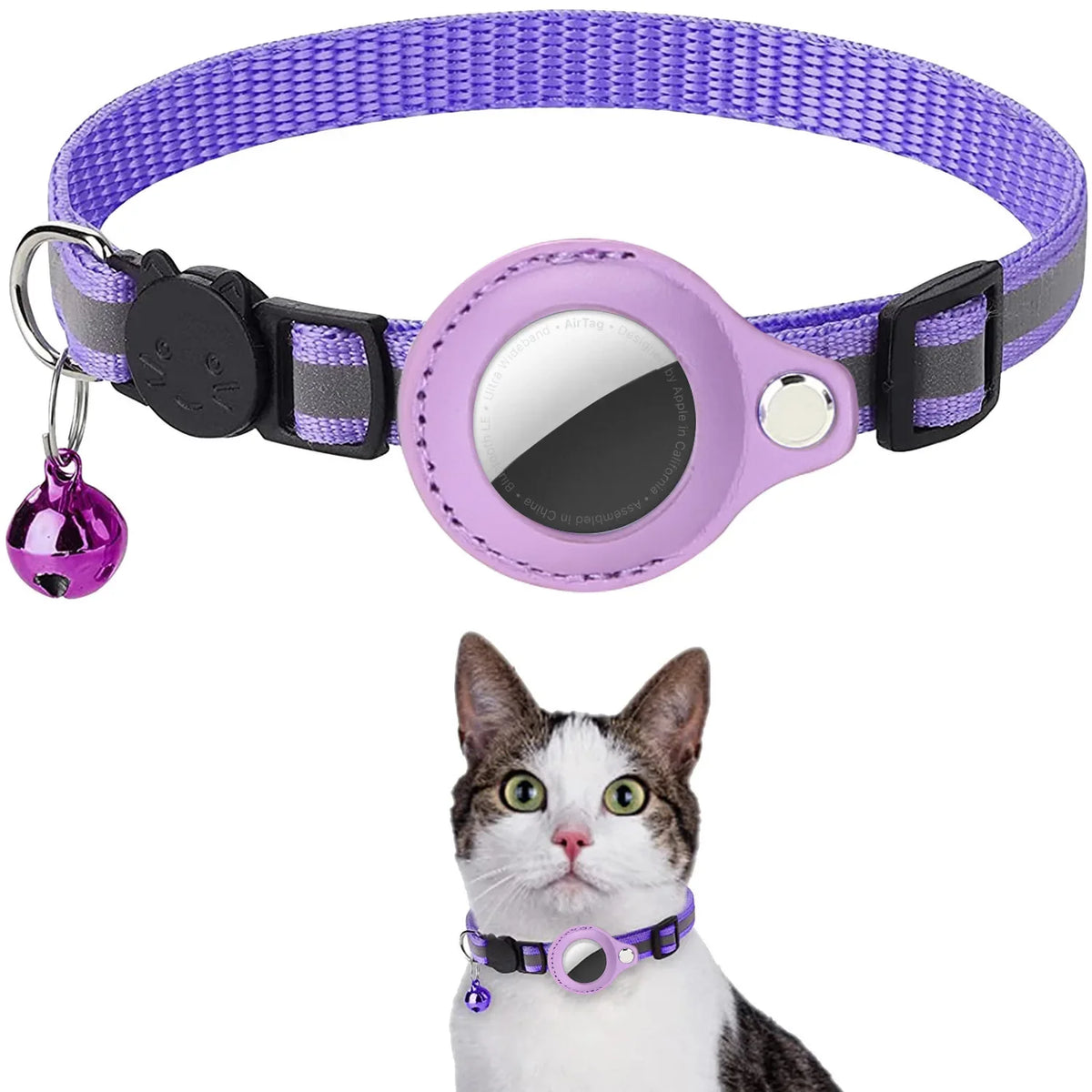 A purple smart cat collar with a silver AirTag holder and breakaway buckle, shown next to a cat.