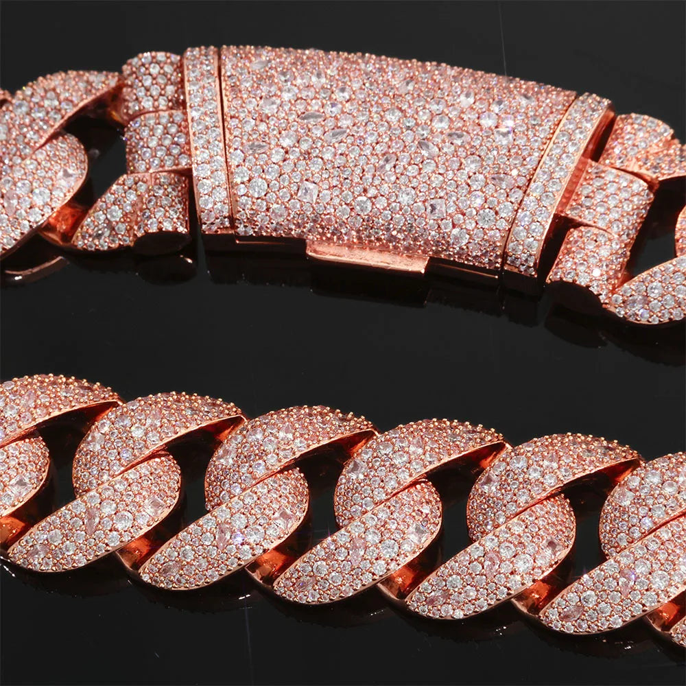 Rose gold plated curved flip buckle Cuban link necklace with pave diamonds
