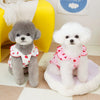 A small gray poodle wearing a pink and white strawberry dress sitting on a white surface.