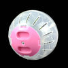 A clear plastic pet exercise ball with a pink insert and multiple holes for small rodents.