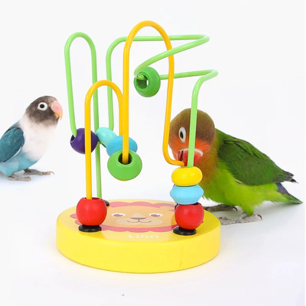 A natural foraging puzzle toy for lovebirds featuring colorful, curved plastic rods and fruit-shaped pieces.