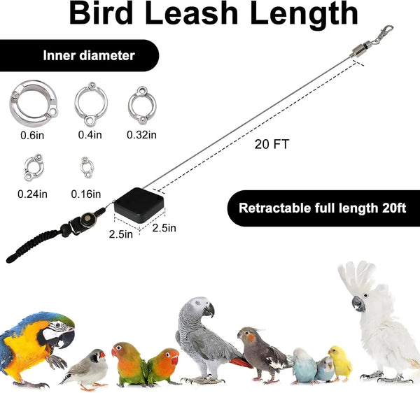 Diagram showing the inner diameter and 20-foot retractable length of a bird leash.