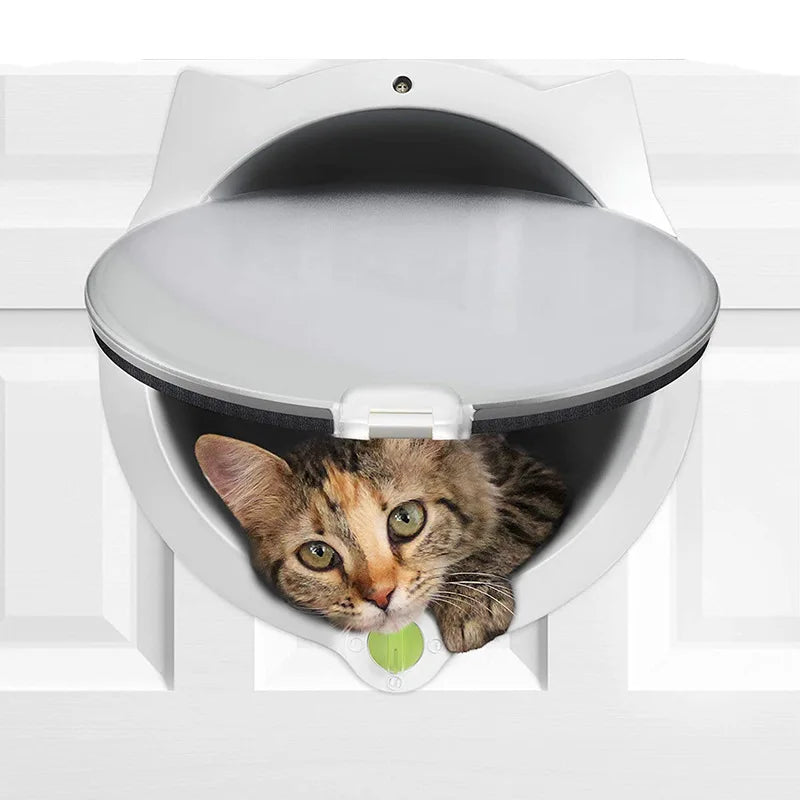 Un chat gris regarde par la trappe d'une porte d'animal blanche, montée dans un cadre blanc.