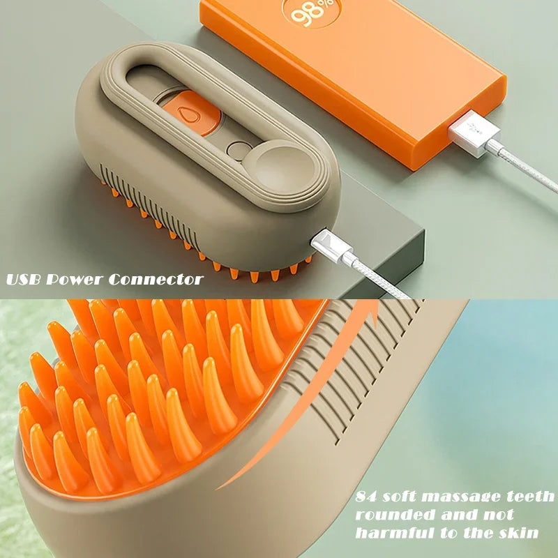 An orange and beige pet grooming brush with a USB power connector is shown alongside its silicone bristles.