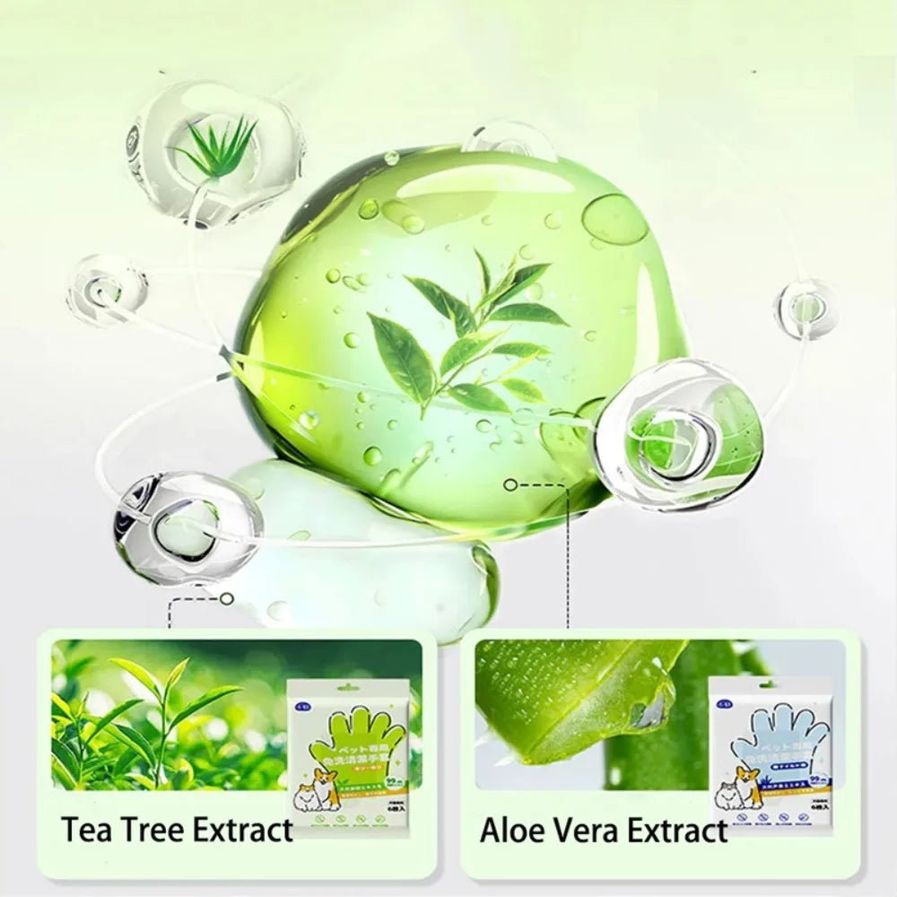 A set of disposable pet grooming gloves and tissue bath featuring Tea Tree Extract and Aloe Vera Extract.