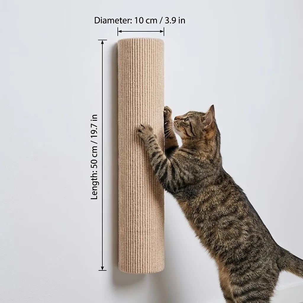A tabby cat is climbing a cylindrical scratching post mounted on a white wall.