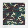 A fabric featuring a camouflage print pattern in shades of green, brown, and olive.