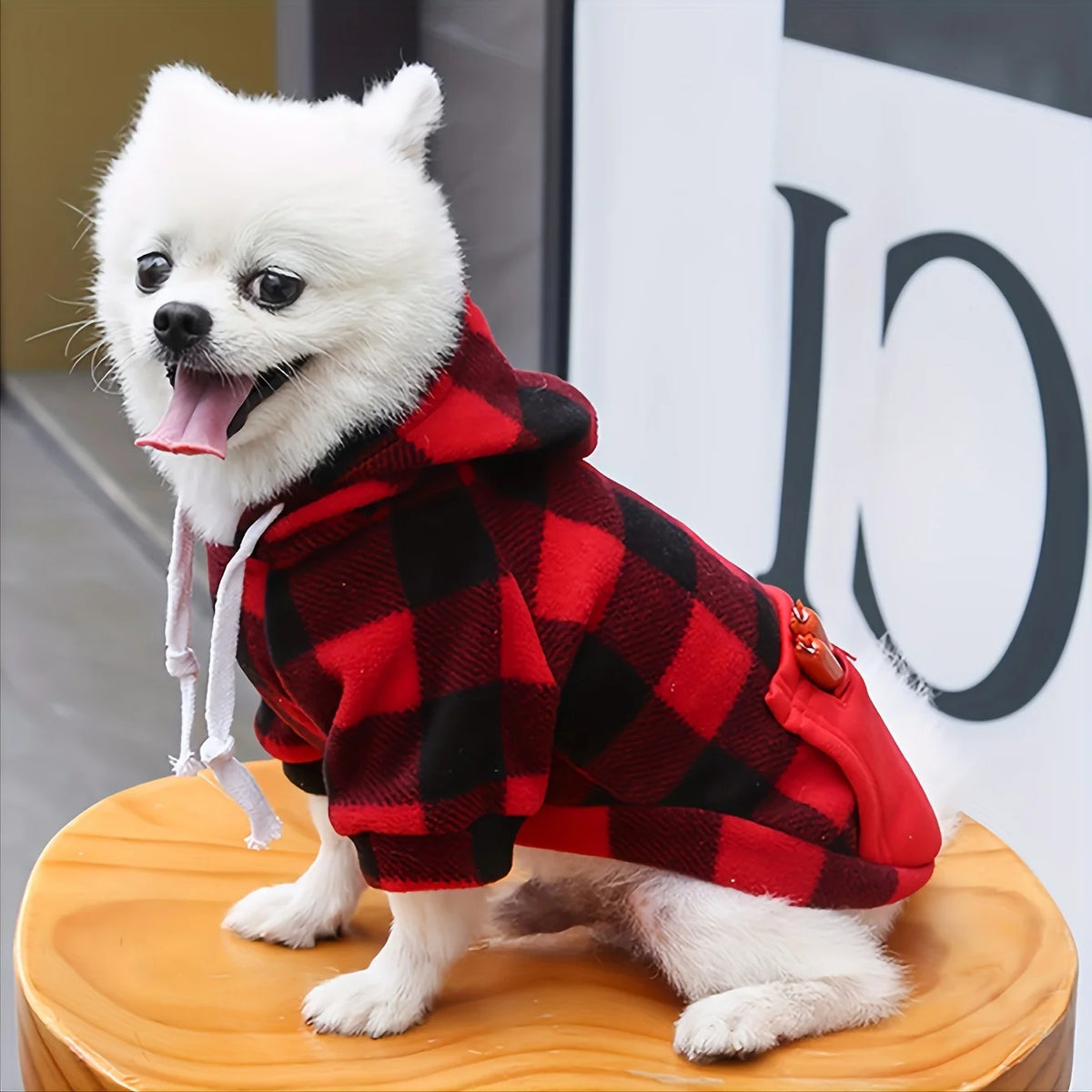 Un perro blanco vistiendo una sudadera con capucha de forro polar a cuadros rojos y negros, sentado sobre una superficie de m
