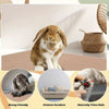 A fluffy brown and white rabbit is shown next to a woven basket, illustrating the product's features.