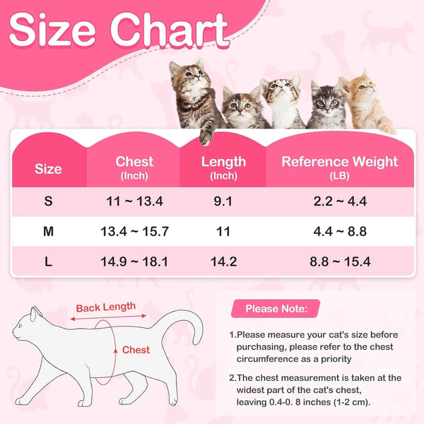 Size chart for a post-surgery recovery bodysuit for cats showing measurements in inches and reference weights in pounds
