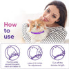 A woman holds a fluffy orange cat wearing a purple collar, demonstrating how to use the product.