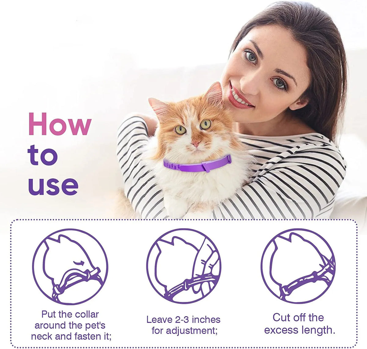 A woman holds a fluffy orange cat wearing a purple collar, demonstrating how to use the product.
