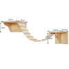 A wooden wall mounted cat climbing shelf featuring a bridge design with various sized steps and platforms.