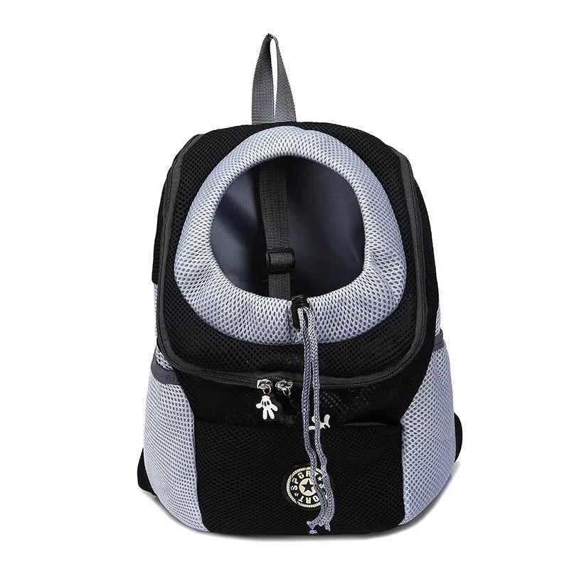 A black and gray portable pet carrier backpack with a mesh window and carrying strap.