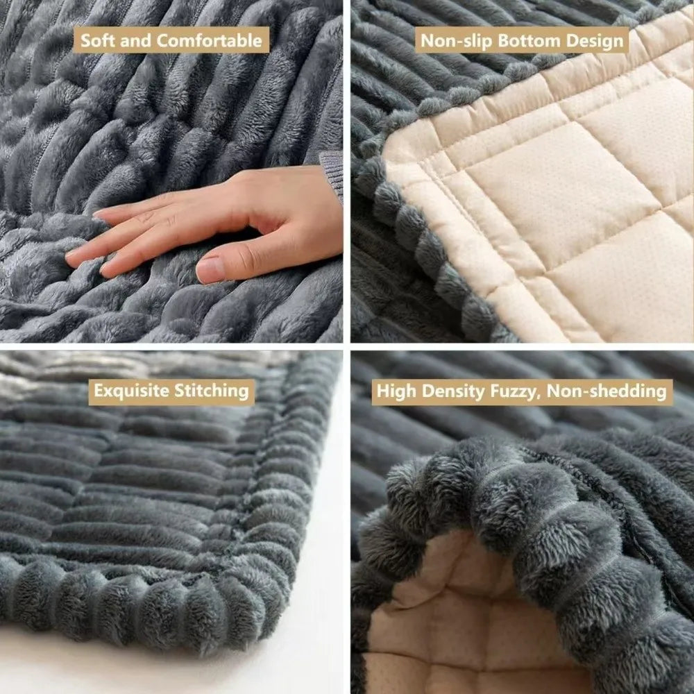 Close-up view of a gray plaid flannel pet seat protector and car mat showing soft texture, quilted stitching, and non-slip bo