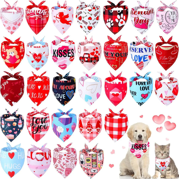 A collection of Valentine's Day dog bandanas featuring various heart and floral patterns.