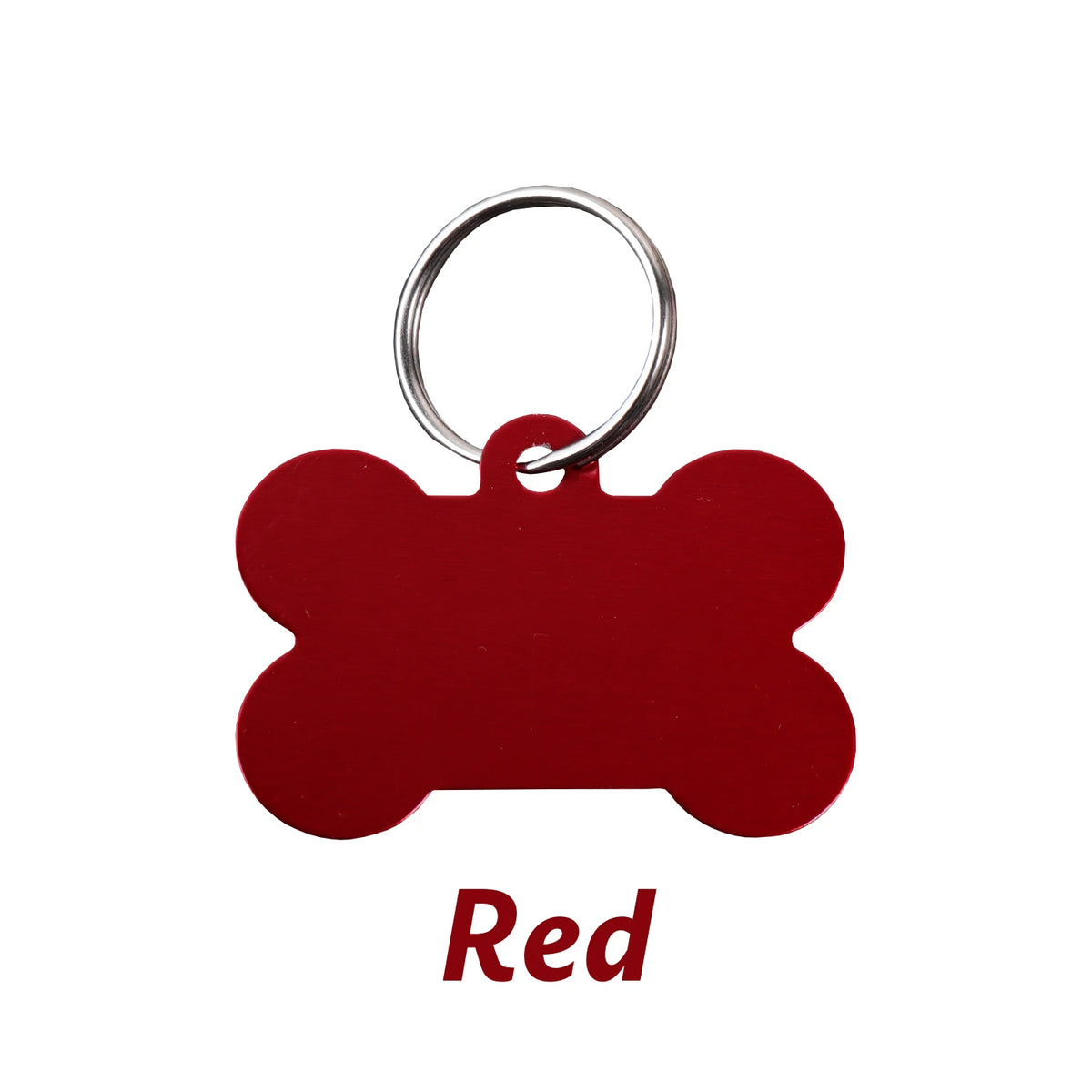 A red bone-shaped dog ID tag with a metal loop.