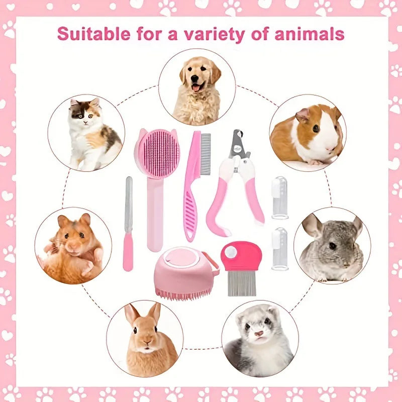 Un juego de herramientas de aseo para mascotas, con diversos animales como perros, gatos y conejos.