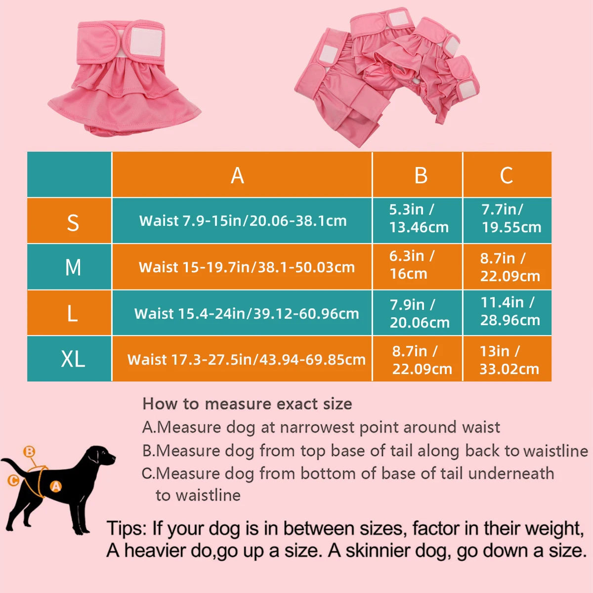 A chart showing sizing for reusable washable dog diapers in small, medium, large, and extra-large sizes with waist measuremen
