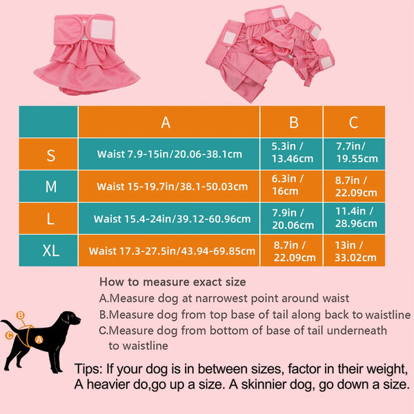 A chart showing sizing for reusable washable dog diapers in small, medium, large, and extra-large sizes with waist measuremen