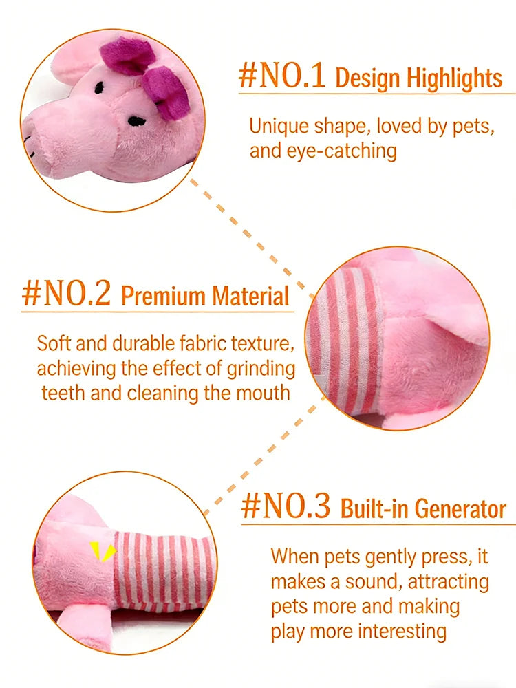 A pink plush squeaky dog toy with a textured surface and built-in generator for making sounds.