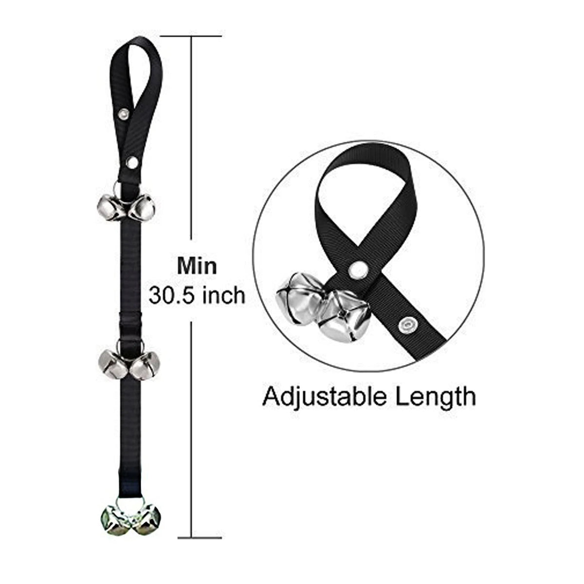 Schwarzer, verstellbarer Hundetrainer-Klingel-Seil mit silberner Hardware und Messhilfe.