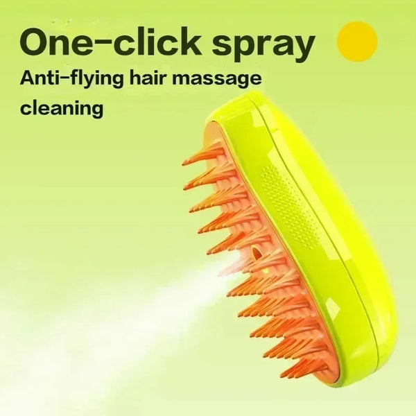 A yellow pet steam grooming brush is shown spraying a fine mist, used for anti-flying hair massage cleaning.