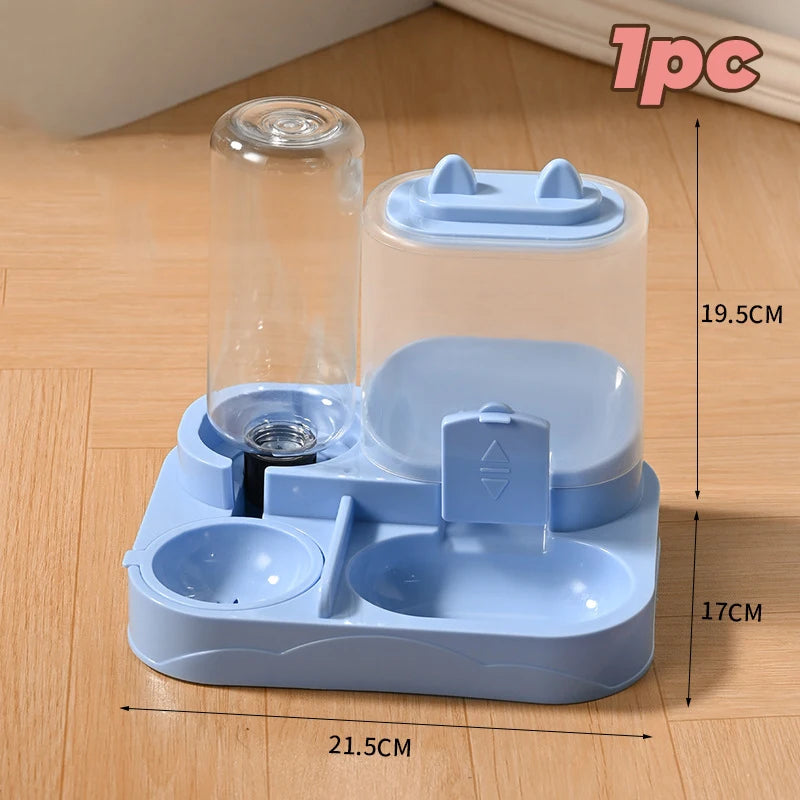 A light blue 2-in-1 automatic pet water and food feeder with transparent containers and a base.