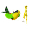 A yellow and green interactive automatic rolling cat toy with a black face and green spiky feathers, attached to a yellow str