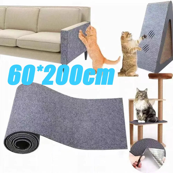 A gray self-adhesive cat scratcher pad protector measuring 60x200cm shown with cats interacting with it.