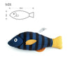 A dark blue and black striped fish plush toy with yellow fins and an orange tag, shown next to a size diagram.