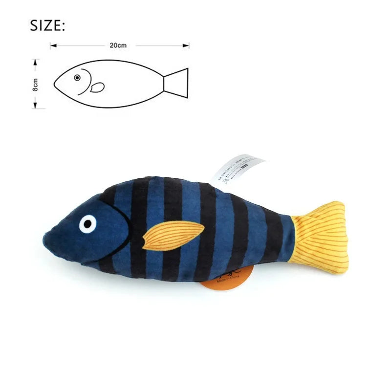 A dark blue and black striped fish plush toy with yellow fins and an orange tag, shown next to a size diagram.