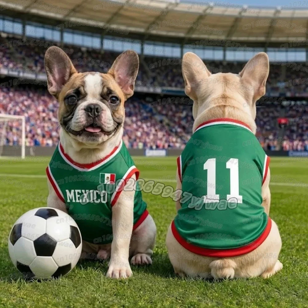 A fawn-colored French Bulldog wearing a green and red vest with the number 11 sitting on a soccer ball on a green field.