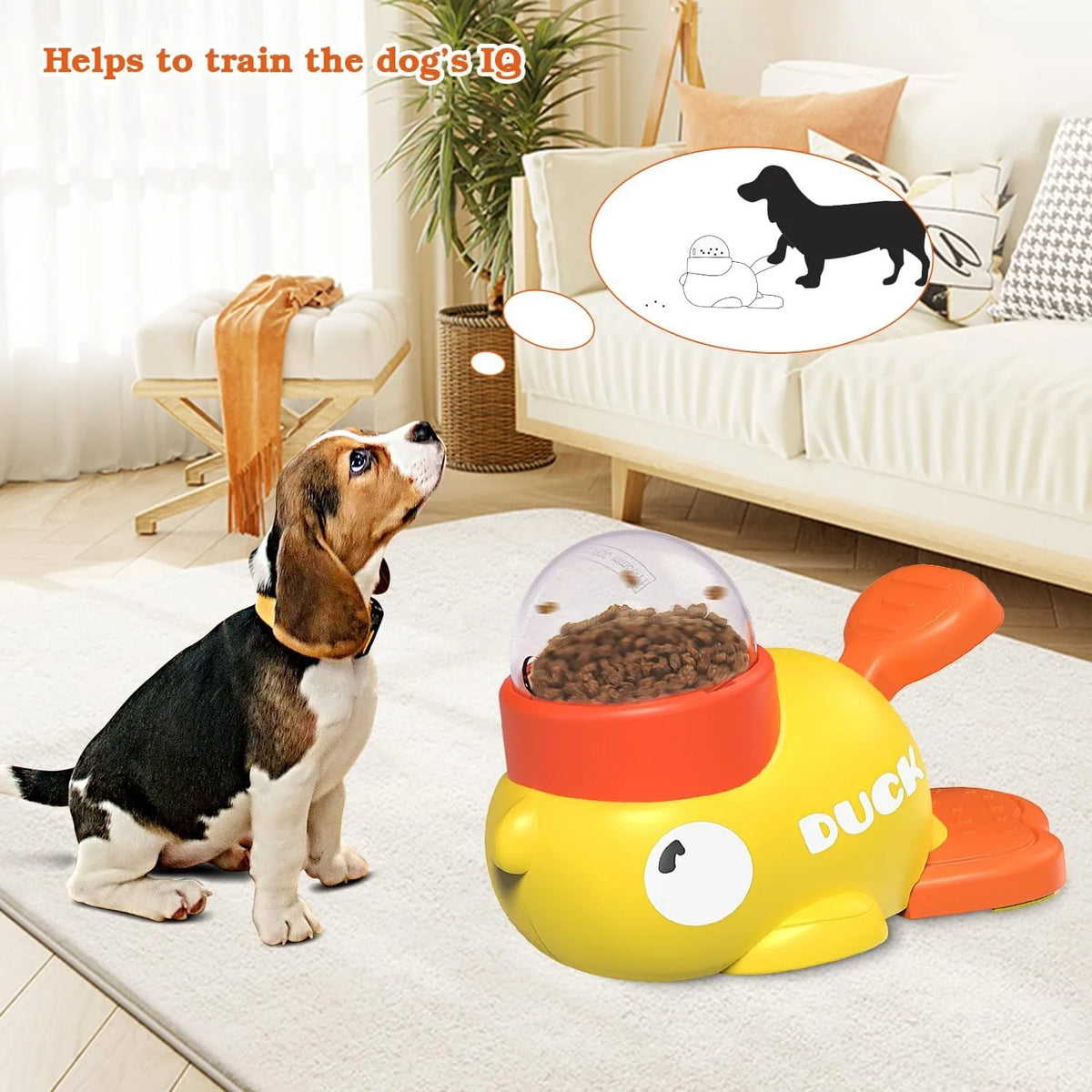 A yellow duck-shaped interactive treat dispenser for dogs sitting on a white rug next to a dog.