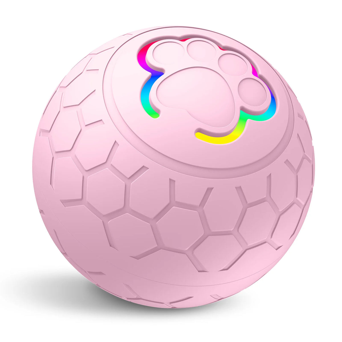 Pinkes interaktives elektronisches Spielzeugball für Hunde mit Pfotenabdruck-Design, leuchtend in mehrfarbigem Licht.
