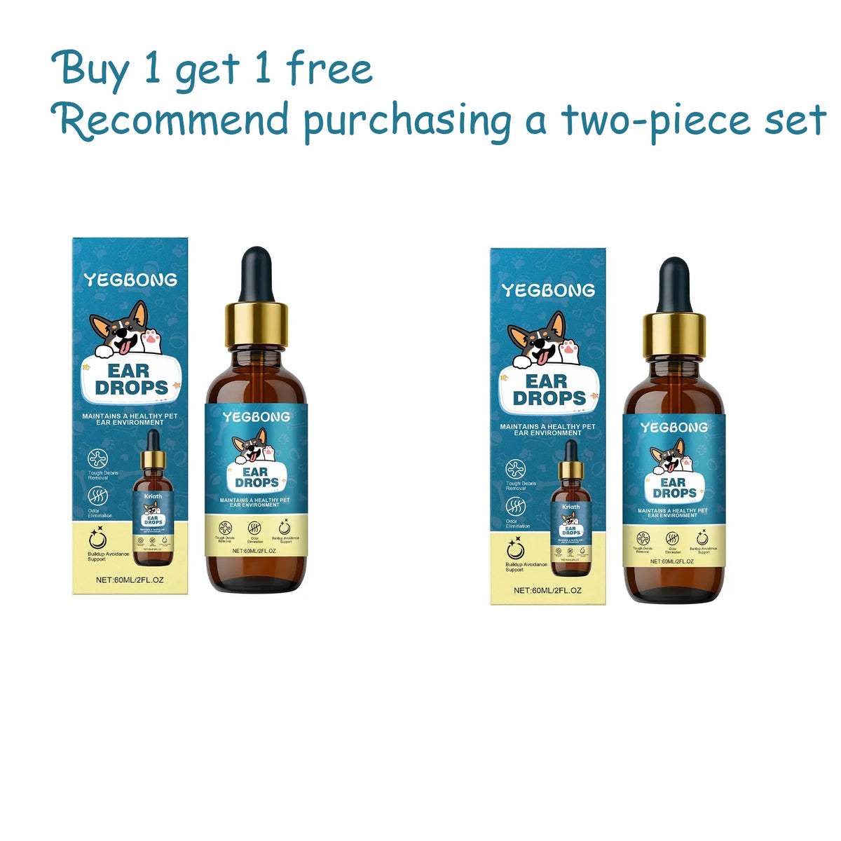 Two bottles of Yegbong ear drops for pets with a buy one get one free promotion.