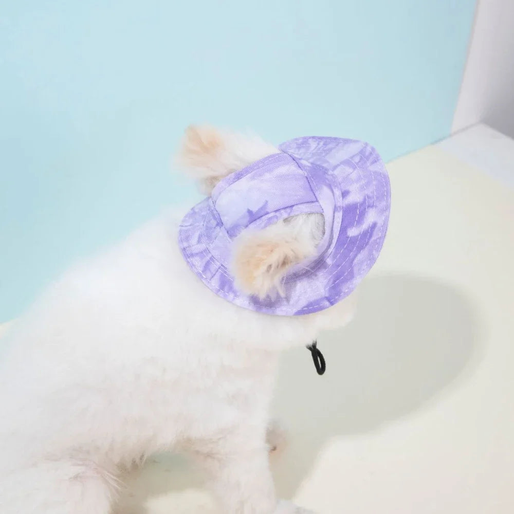 Perro blanco y esponjoso con sombrero de sol morado y borde de pelaje claro sobre fondo azul claro.