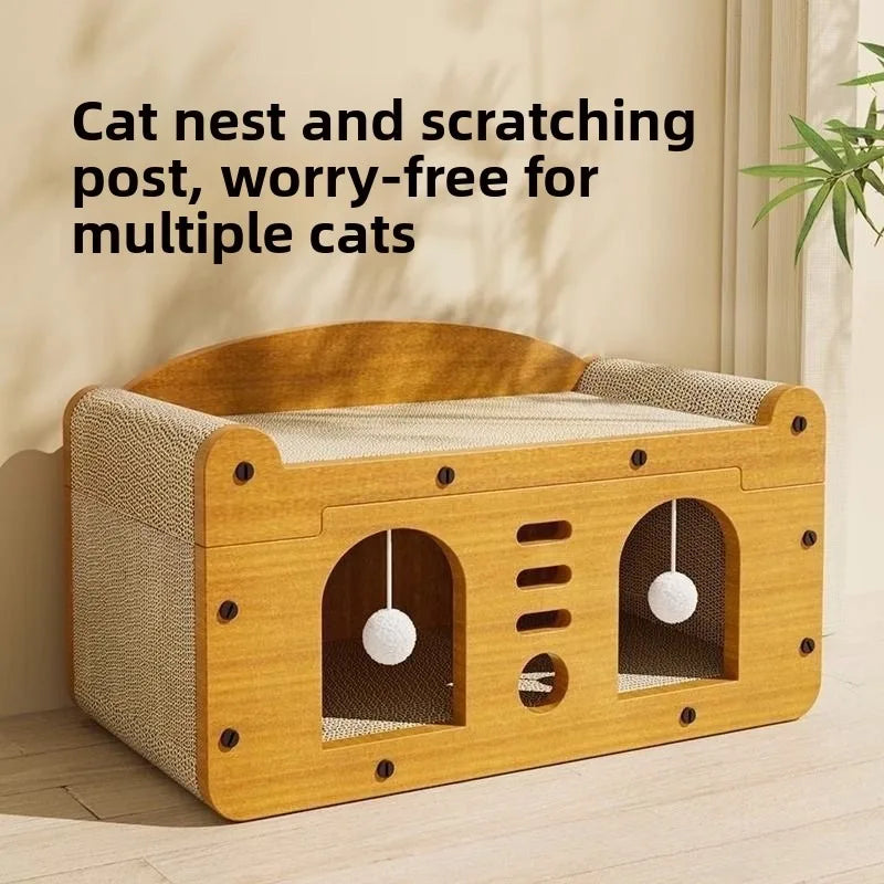 A wooden cat nest and scratching post designed for multiple cats, featuring arched openings.