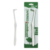 A white tapered pet toothbrush with a handle and brush head is shown inside its green packaging.