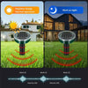 Solar powered ultrasonic pest repeller device shown operating during daytime and nighttime conditions on a lawn.