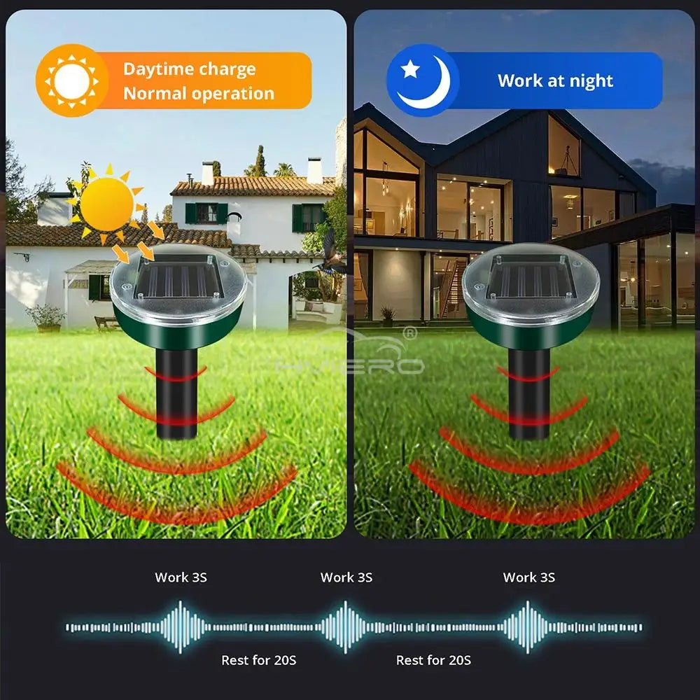 Solar powered ultrasonic pest repeller device shown operating during daytime and nighttime conditions on a lawn.