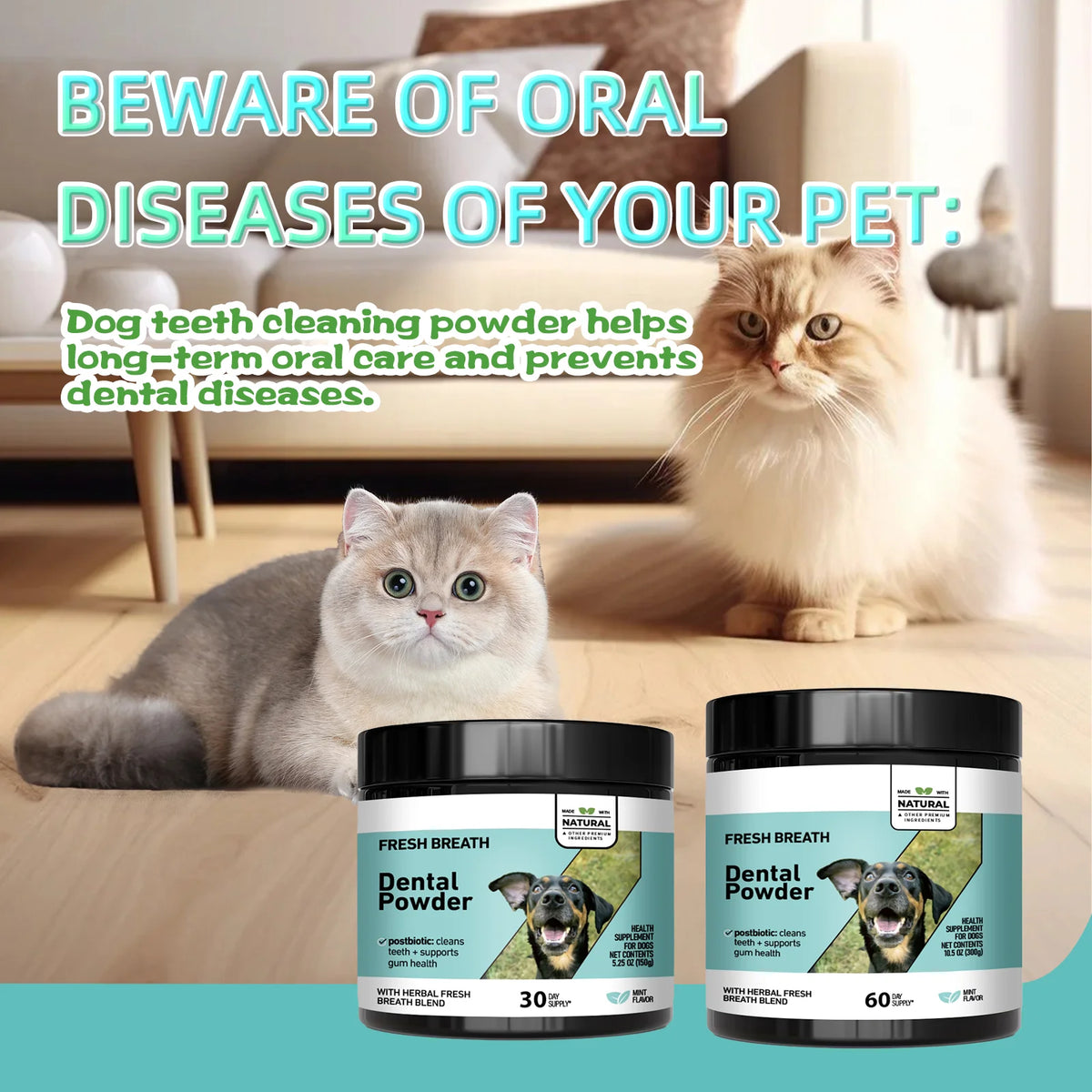 A product image showing Fresh Breath Dental Powder for dogs and cats in two jars with a fluffy cat and a dog in the backgroun
