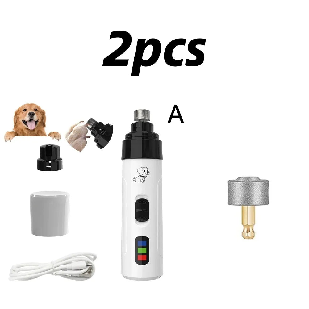 Two quiet rechargeable pet nail grinders for dogs and cats shown with accessories.