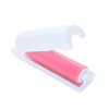 A white lint roller with a pink roll is shown, designed for removing pet hair and dust.