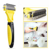 Yellow two-sided pet grooming brush used for cleaning and brushing dogs and cats.