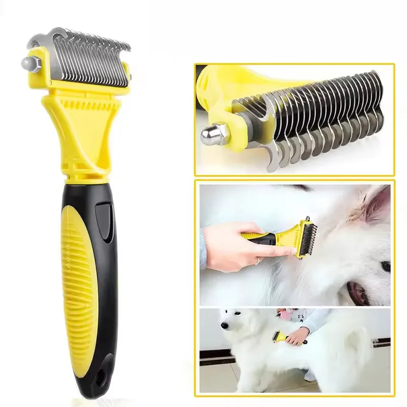 Yellow two-sided pet grooming brush used for cleaning and brushing dogs and cats.