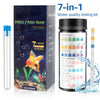 Una caja y un kit de prueba para análisis de calidad del agua de 7 en 1, mostrando tiras y un medidor de pH.