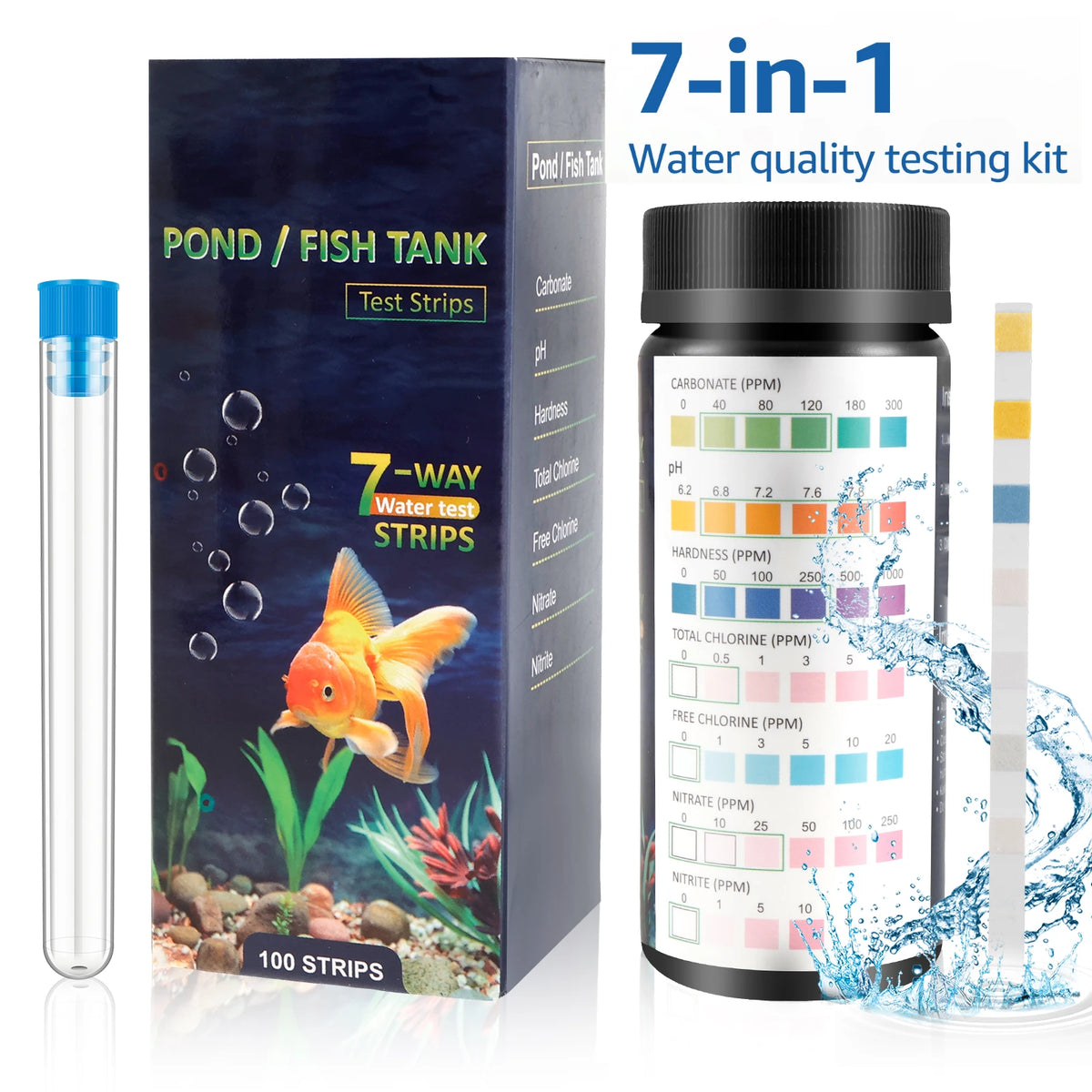 Una caja y un kit de prueba para análisis de calidad del agua de 7 en 1, mostrando tiras y un medidor de pH.