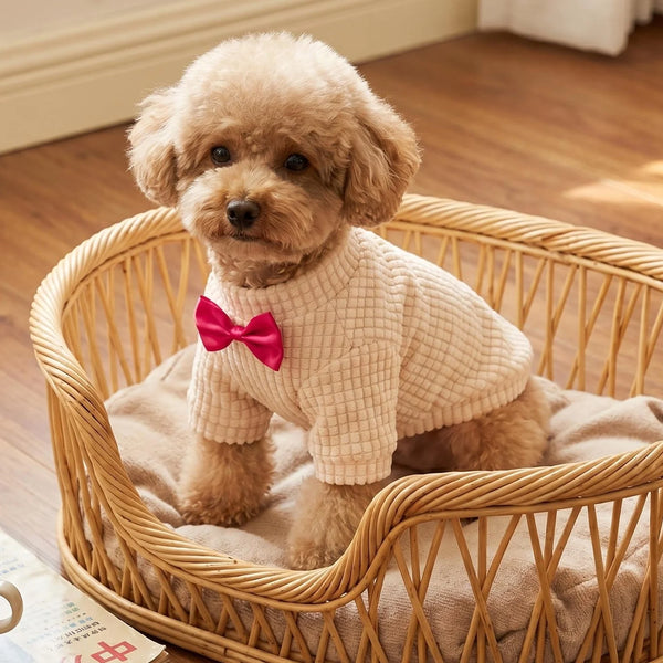 A fluffy light brown dog wearing a beige waffle knit sweater with a red bow tie, sitting in a woven basket.