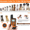 Adjustable collar for dogs shown next to various dog breeds and a handheld training device
